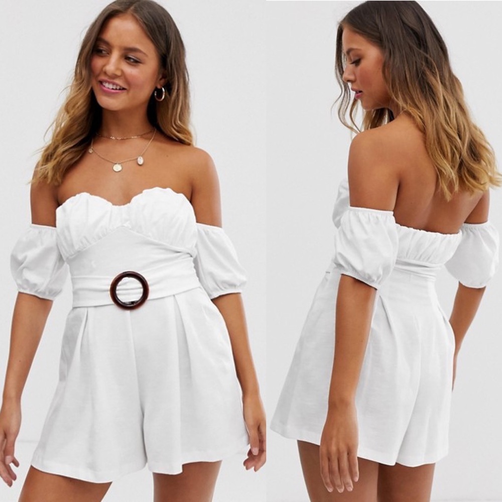 NWT ASOS Size 4 White Off Shoulder Puff Sleeve Buckle Romper
